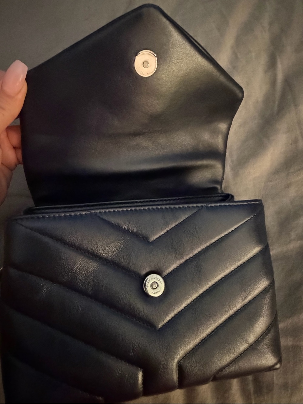 Saint Laurent Black Chevron Quilted Leather Crossbody with Silver YSL - Picture 5 of 12